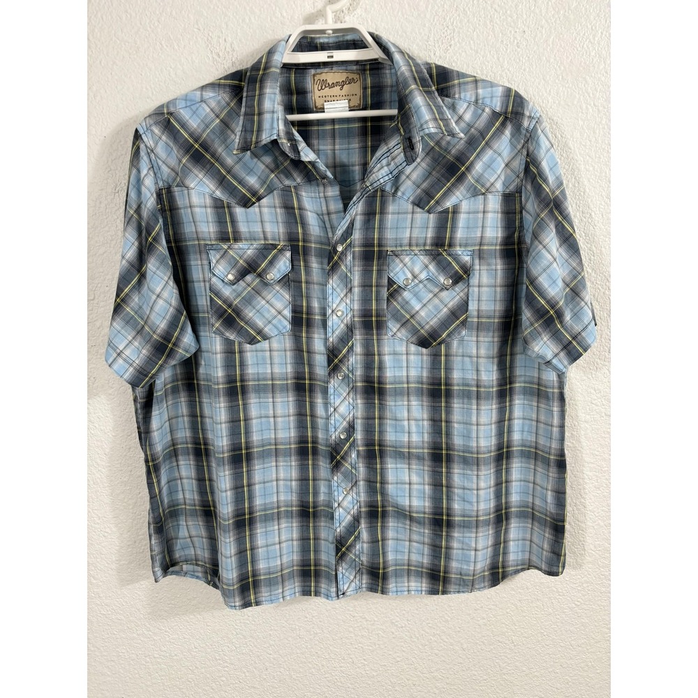 Wrangler Shirt Mens 2XL Blue Gray Plaid Western Pearl Snap Short Sleeve WM908BL
